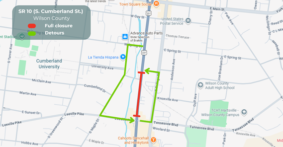 Image shows closure of State Route 10 in Wilson County over railroad tracks, with detour options.