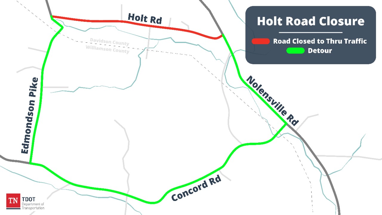 Image shows detour route and map of closure on Holt Road. Image shows detour route and map of closure on Holt Road.