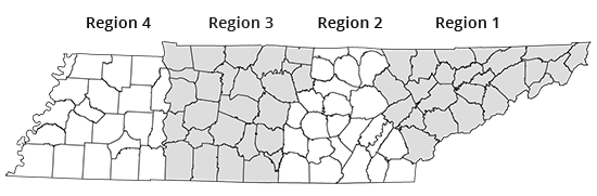 Tennessee State Map Showing Four Regions