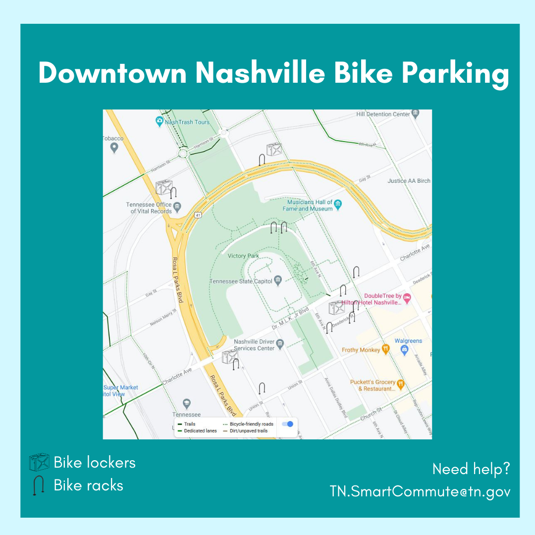 Map of bike parking locations for employees in downtown Nashville