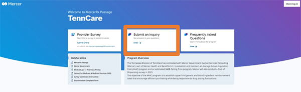 Screenshot of MercerRx Passage home page for TennCare with orange box highlighting "submit an inquiry" section for pharmacists. 