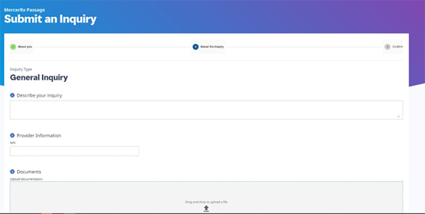 Screenshot of MercerRx Passage Submit an Inquiry page with orange box highlighting "Nature of your inquiry: general inquiry" step. 