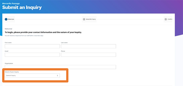 Screenshot of MercerRx Passage Submit an Inquiry page with orange box highlighting "Nature of your inquiry: general inquiry" step. 