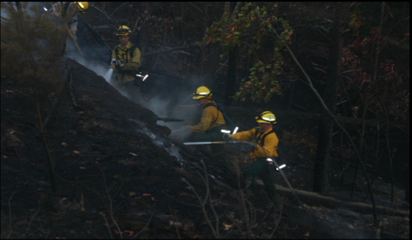 Three firefighters in yellow helmets and gear use hoses and shovels to apply water and smother a smoldering fire on a blackened hillside, with smoke rising.