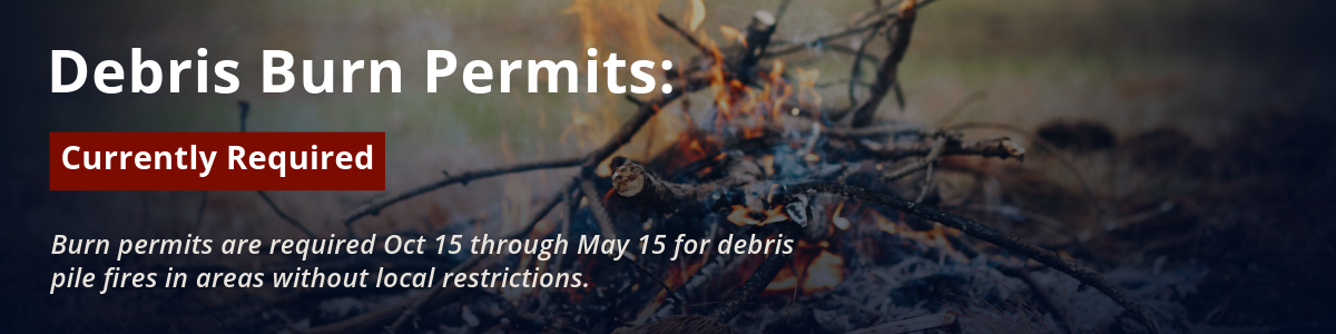 Graphic that says "Burn permits are required Oct 15 through May 15 for debris pile fires in areas without restrictions."