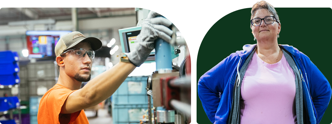 Photos of a worker handling equipment and a smiling woman with glasses
