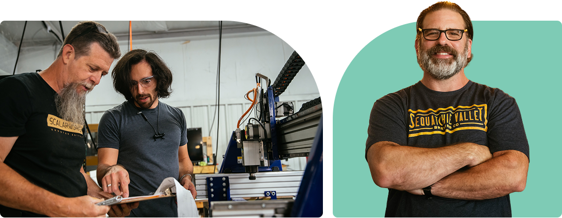 Photos of two workers in a factory and a smiling man