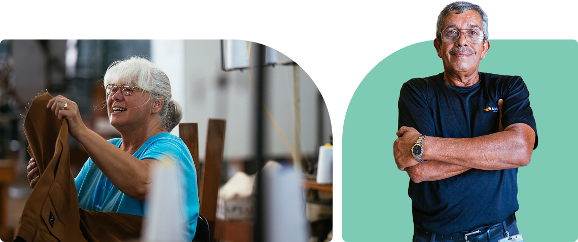 Photos of a woman with glasses holding fabric and a smiling older man