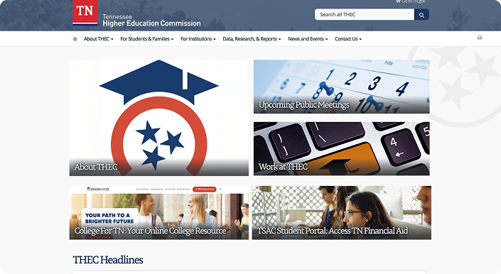 Screenshot of THEC website home page