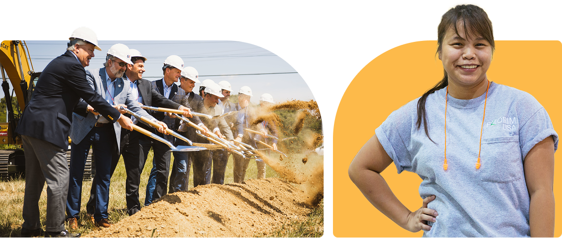 Photos of people in hard hats shoveling dirt and a smiling woman