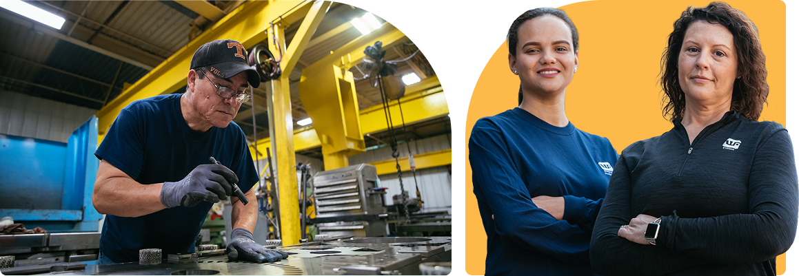 Photos of a factory worker and two smiling women