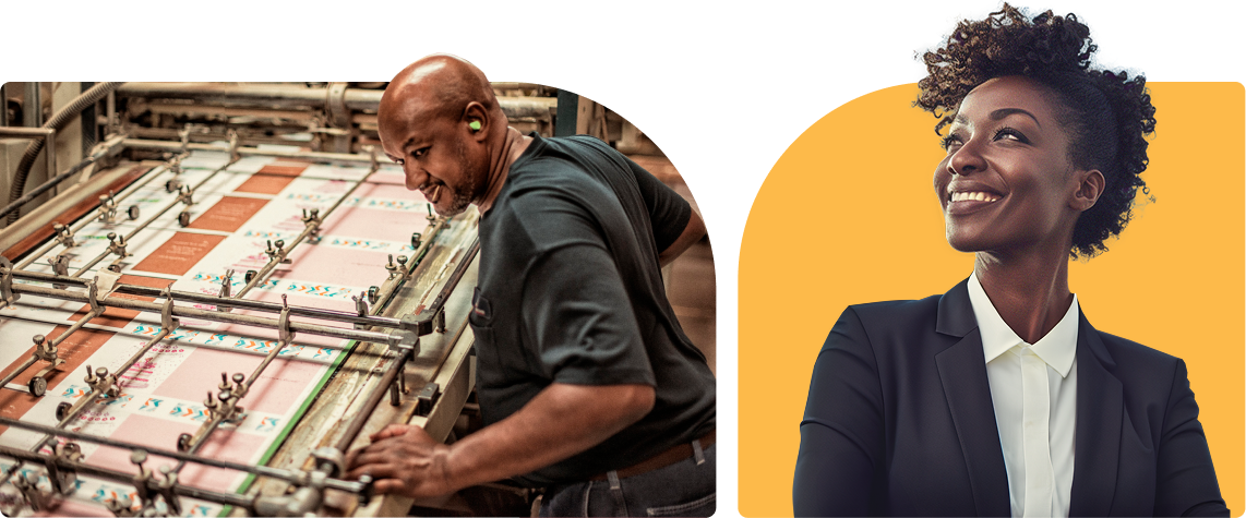 FAQs Photos of a factory worker at a machine and a smiling business woman in a suit