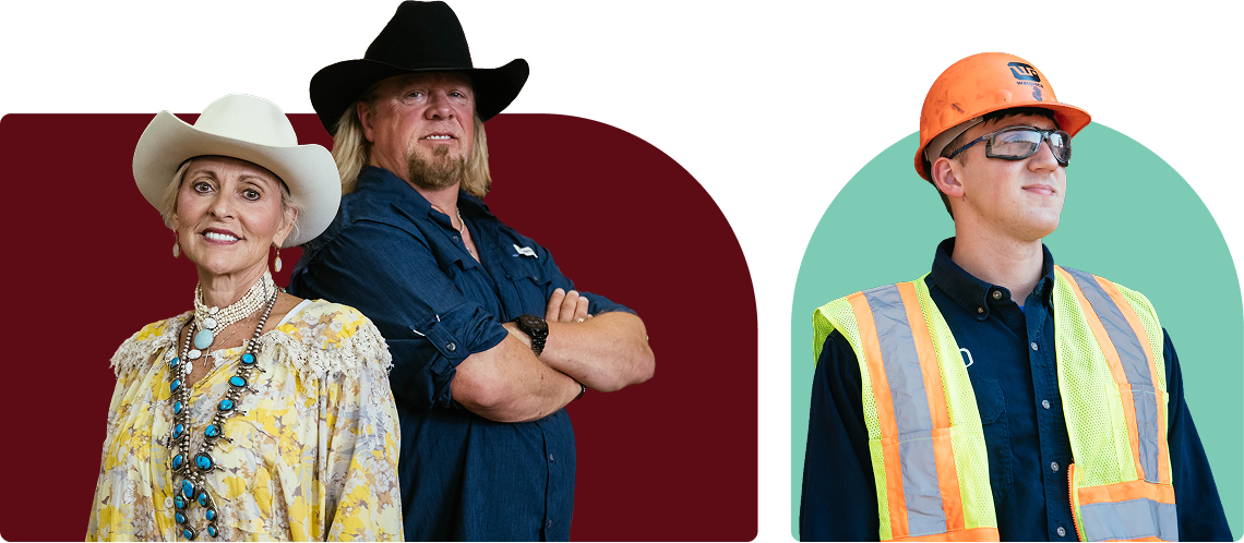 Photos of two people in cowboy hats and a construction worker in a hardhat and reflective vest
