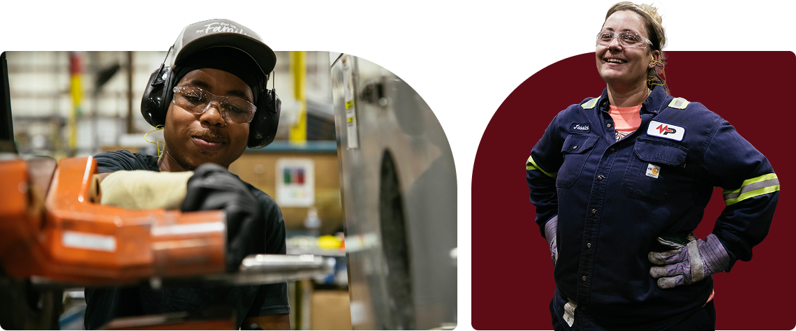 Programs Photos of a factory worker at a machine and a smiling factory worker in uniform