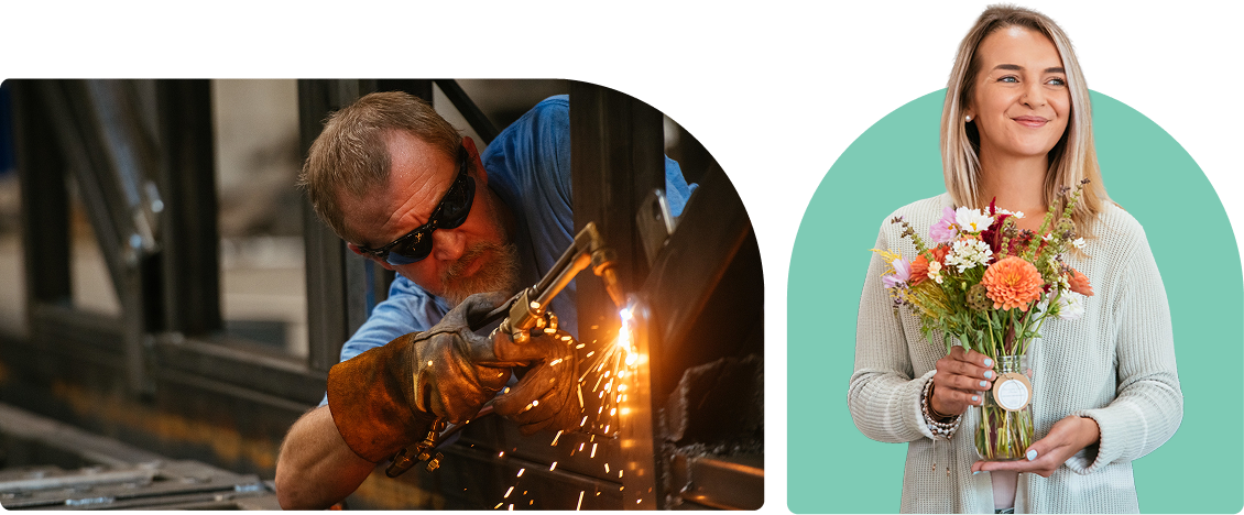 Other Support Services Photos of a welder and a smiling woman holding flowers
