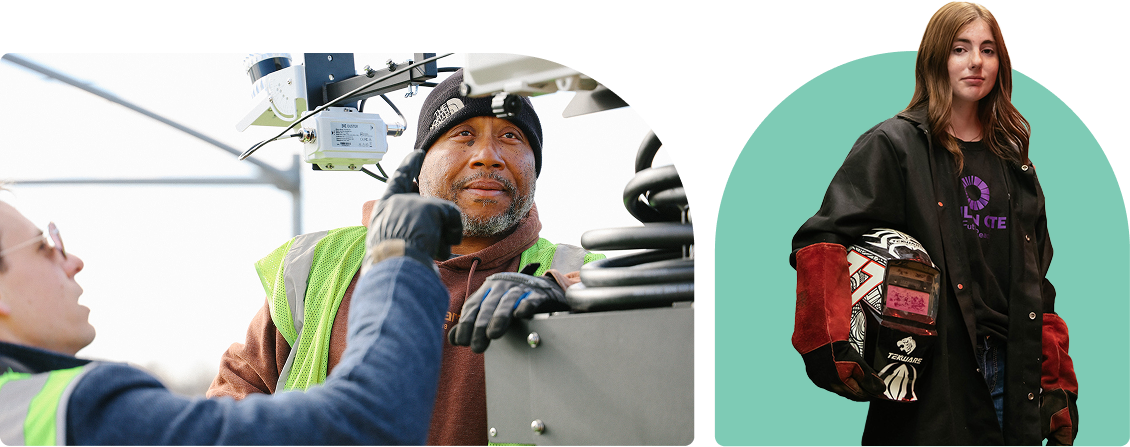 Photos of utilities workers inspecting a powerline and a factory worker holding a helmet