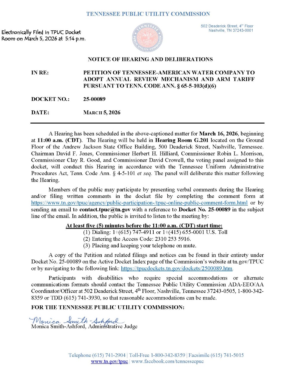 Notice of Hearing and Deliberations in Docket Number 25-00089 held on March 16, 2026 at 11:00 a.m. (CDT). 