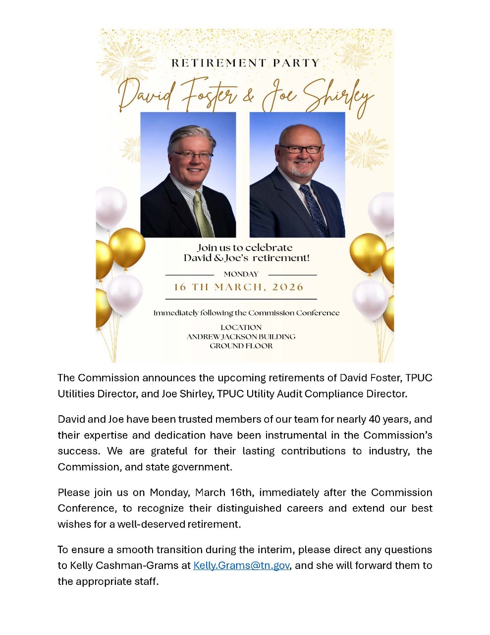 Retirement Announcement David Foster & Joe Shirley