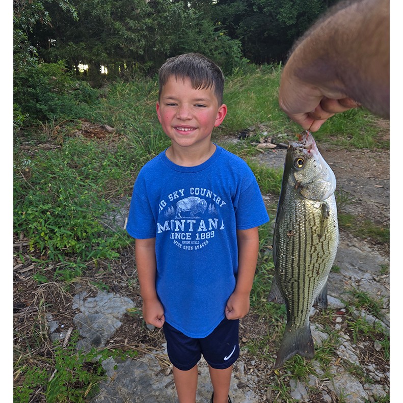 Walker Mensing shows a Hybrid Bass caught at Percy Priest Lake, TN, on July 20, 2025.