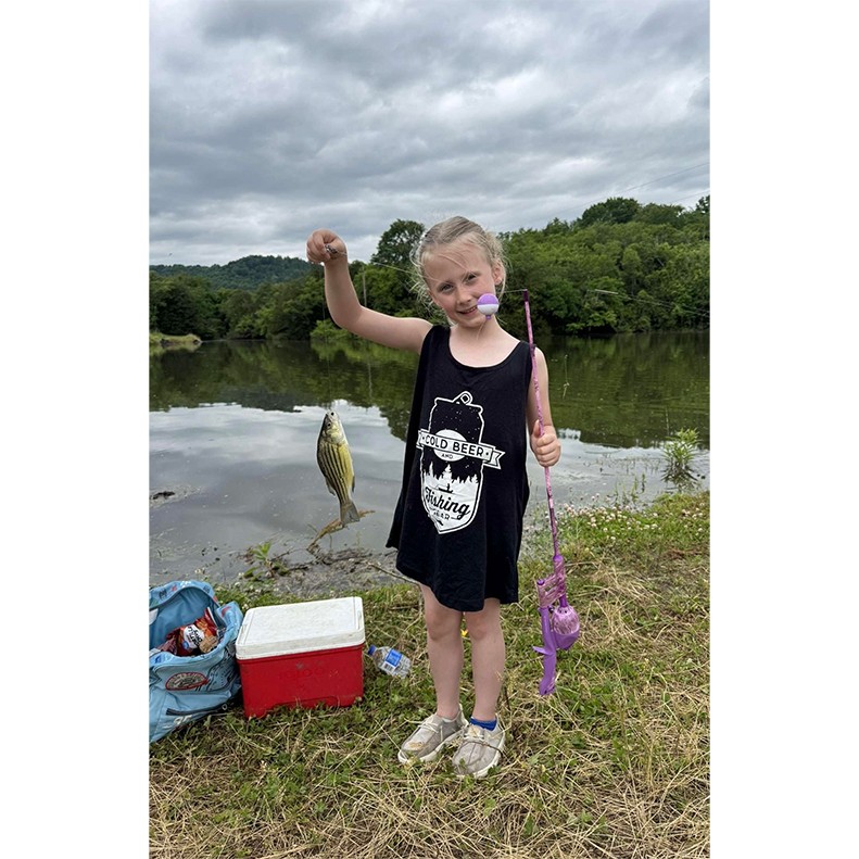 Waylynn Atkins caught a Striped Bass at Cordell Hull Reservoir in Jackson County, Tennessee, on May 25,2025