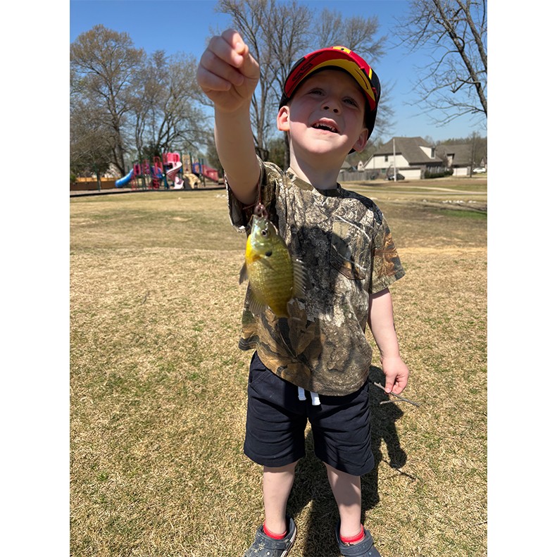 Pearson McKee shows a Bluegill caught on March 21, 2026.
