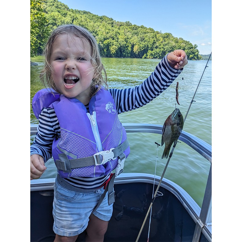 Mina Jones shows a Bluegill caught at Center Hill Lake, TN, on July 06, 2025.