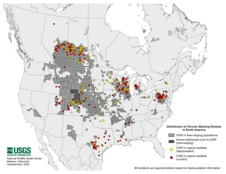 Distribution of Chronic Wasting Disease in North America, updated June 19, 2021.  (Credit: Bryan Richards, USGS National Wildlife Health Center. Public domain.)