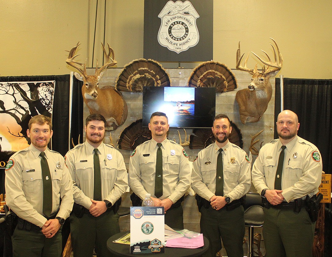 Some of the wildlife officers working the Boating and Law Enforcement booth were (from left) Collin Jones (Rutherford County), Lance Coulter (Hickman County), Hayden Cook (Williamson County), Sgt. Nathan Karch (Sumner County), and Ryne Goats (Maury County). 