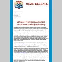 News Release - Volunteer Tennessee Announces AmeriCorps Funding Opportunities