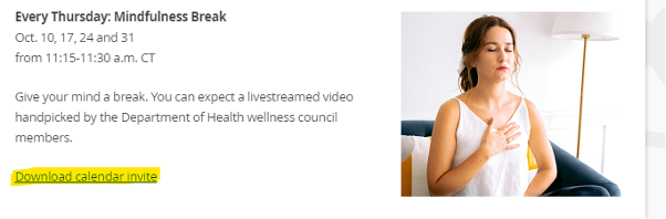 Example of a wellness event listed on our website. Download calendar invite is higlighted.