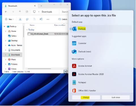 Screenshot showing the window where you select Outlook to open the .ics file and then select Always
