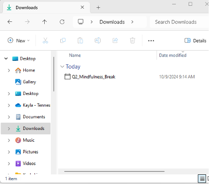 Screenshot of the Downloads folder with the Q2_Mindfulness_Break invite in it.