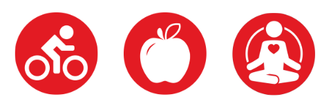 Three round icons: First one is a bicycle, the second is an apple the third is someone in a yoga pose