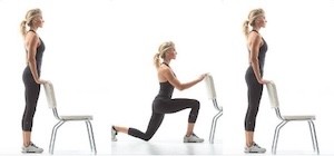 Assisted lunge with chair A series of three photos. In the first image, she's standing behind the chair. In the second image, she's lounging behind the chair while holding onto it. In the third image, she's back in the standing position behind the chair.