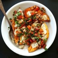 Mediterranean baked sweet potatoes in a bowl