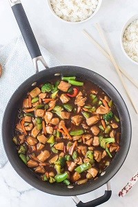 overhead view of stir fry in a pan sitting on a countertop