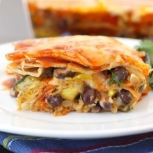 roasted veggie enchilada lasagna on a plate