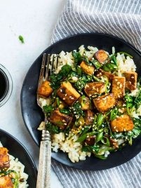tofu stir fry on a bed of rice
