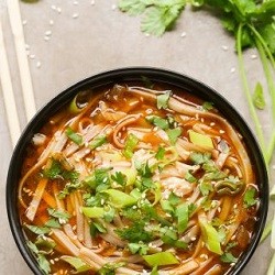 spicy noodle soup topped with cilantro, sliced green onions and sesame seeds