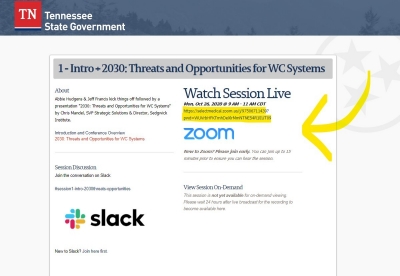 Screenshot indicating where to find the Zoom Webinar link