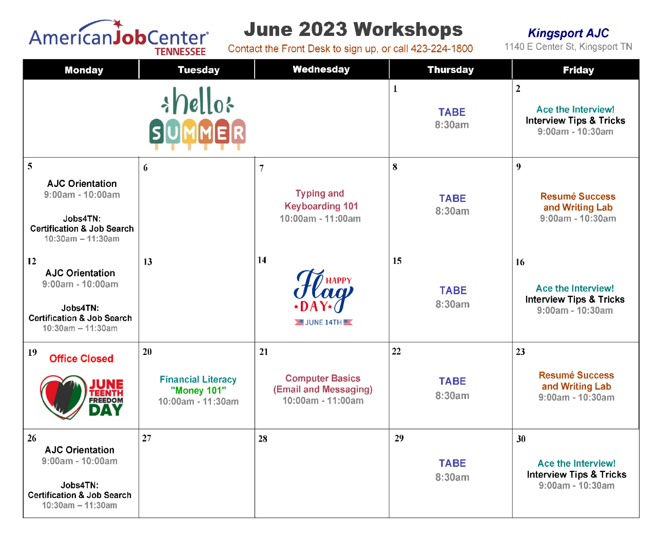 June 2023 Workshops at Kingsport AJC TN