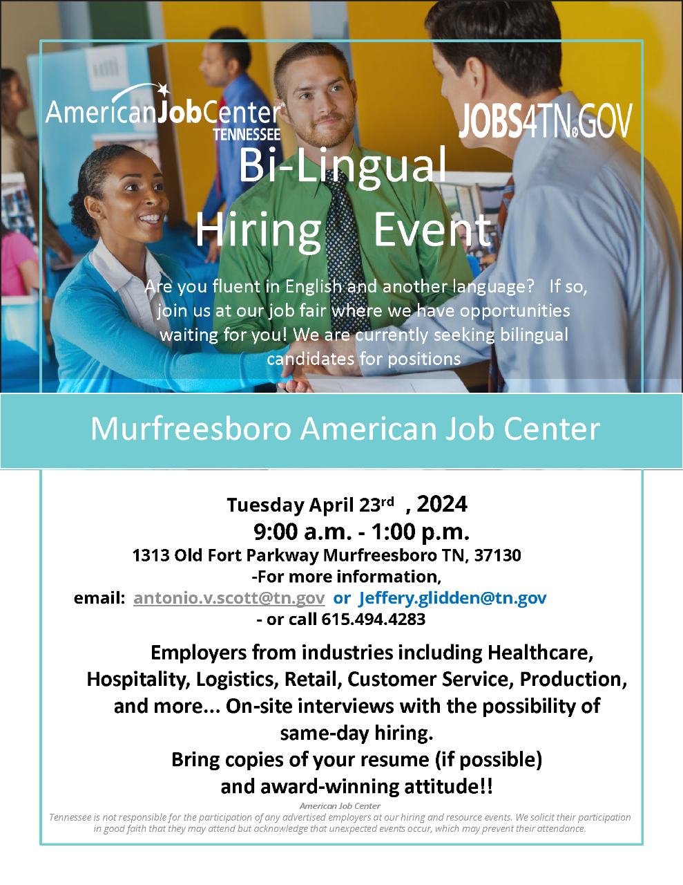 Bilingual Hiring Event in Murfreesboro Flyer