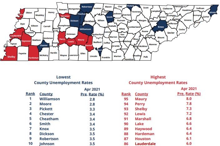 April 2021 County Unemployment Rates in Tennessee