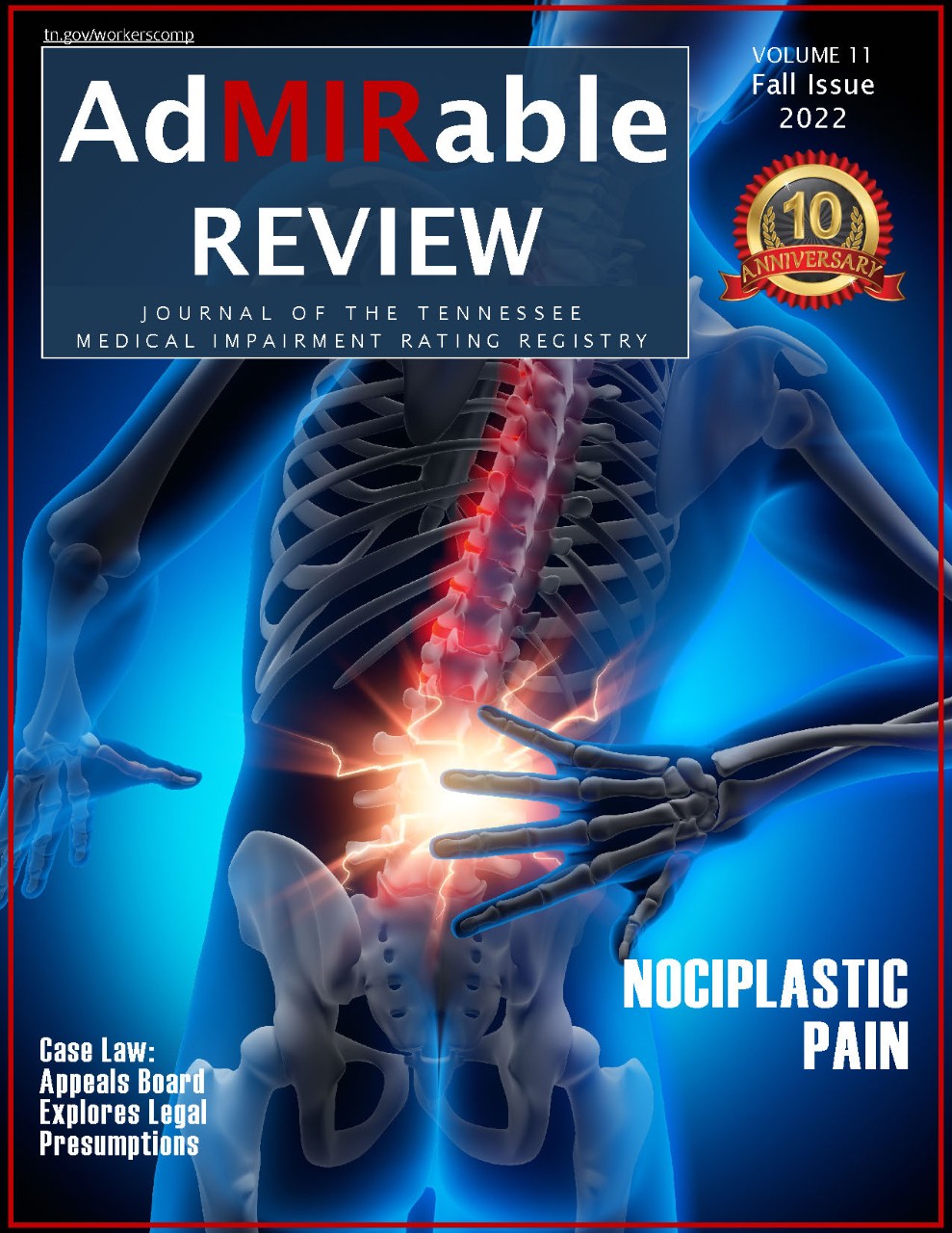 AdMIRable Review journal digital cover with a musculoskeletal hand reaching to a pain point along its lower spine.