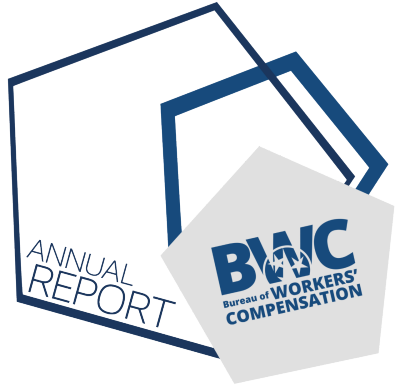 BWC Annual Report text with blue and gray hexagonal shapes 