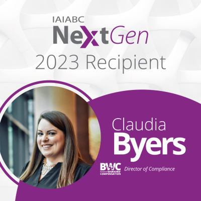 A graphic with Claudia's headshot. It reads: IAIABC NextGen 2023 Recipient, Claudia Byers. BWC Director of Compliance.