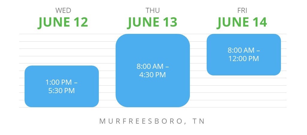 A calendar showing 1:00 PM - 5:30 PM on Wednesday June 12, 8 AM - 4:30 PM on Thursday, June 13, and 8 AM - 12 noon on Friday, June 14.