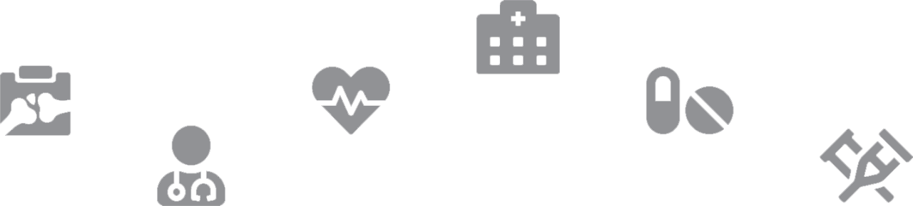 Row of six gray medical-related icons: an X-ray image, a physician symbol, a heart with an EKG line, a hospital building with a cross, two medicine pills, and a pair of crutches representing therapy.