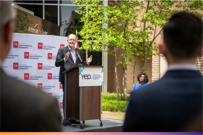 State Senate Majority Leader Jack Johnson speaks at the YEP launch event