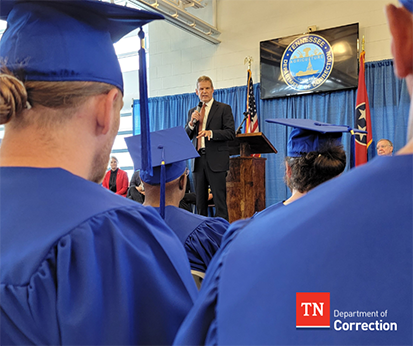 Photo of Governor Lee Address the MCCX Audience and Offenders Photo of Governor Bill Lee Speaking at Graduation
